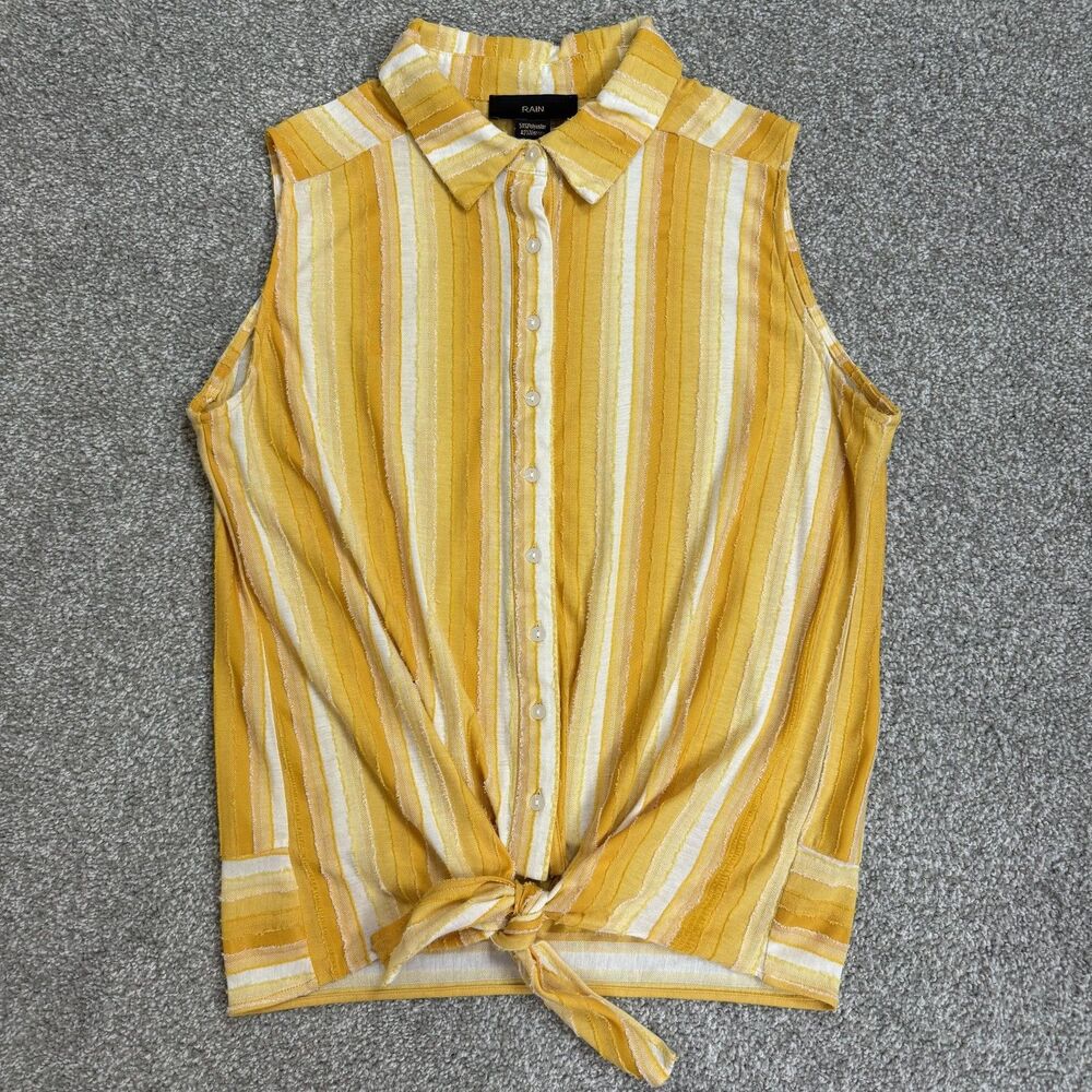 RAIN Shirt Womens Large Yellow Stripe Sleeveless Button Front Tie Hem Summer Top